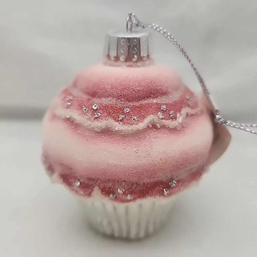 Ornament DEPT 56 Cupcake Glass Christmas Glitter Sparkle Pink White Silver NEW